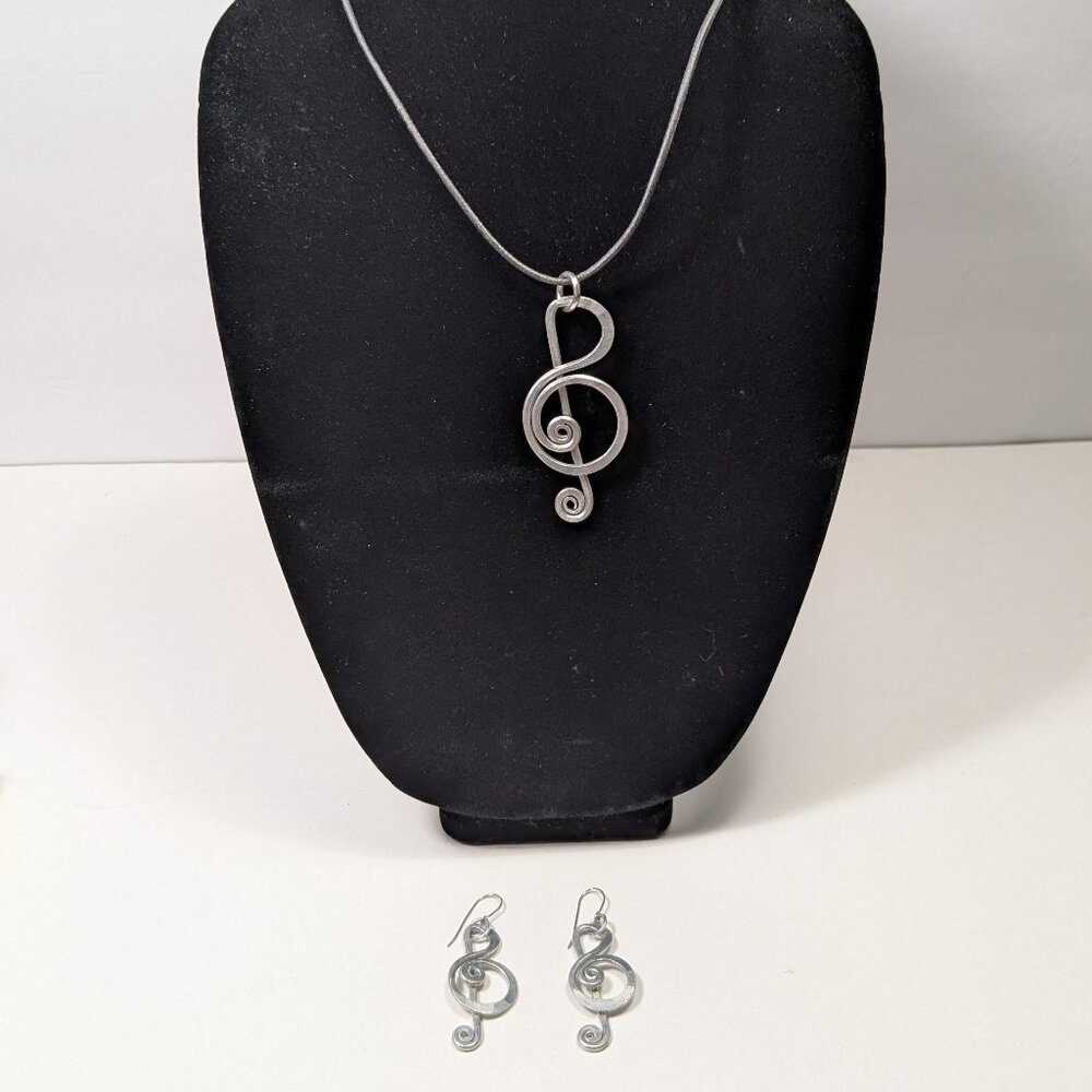 Silver Tone Musical Note Necklace Pendant & Earrings Lot Statement Musician Gift